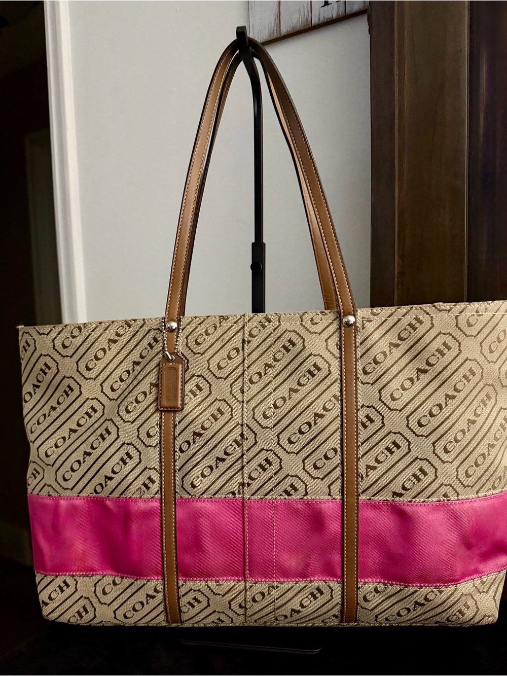 Coach Beige Signature Canvas Tote with Pink Stripe and Tan Leather Trim